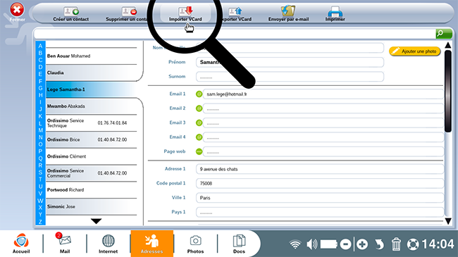sélectionner importer vcard