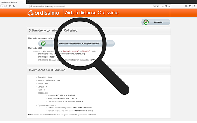 Vue sur la page internet Ordissimo, je clique sur Prendre le contrôle depuis le navigateur
