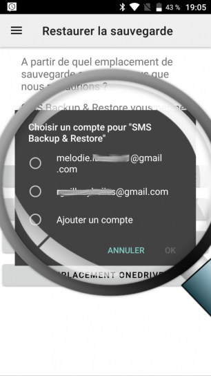 sélectionner le compte de restauration