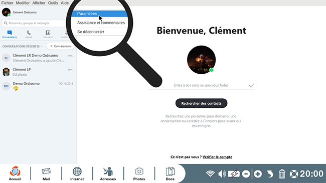 Cliquer sur paramètres Skype