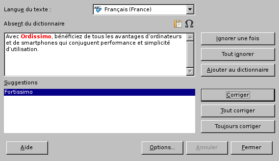 Autres options du correcteur d'orthographe