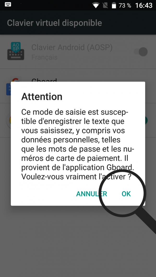 accepter le message d'avertissement