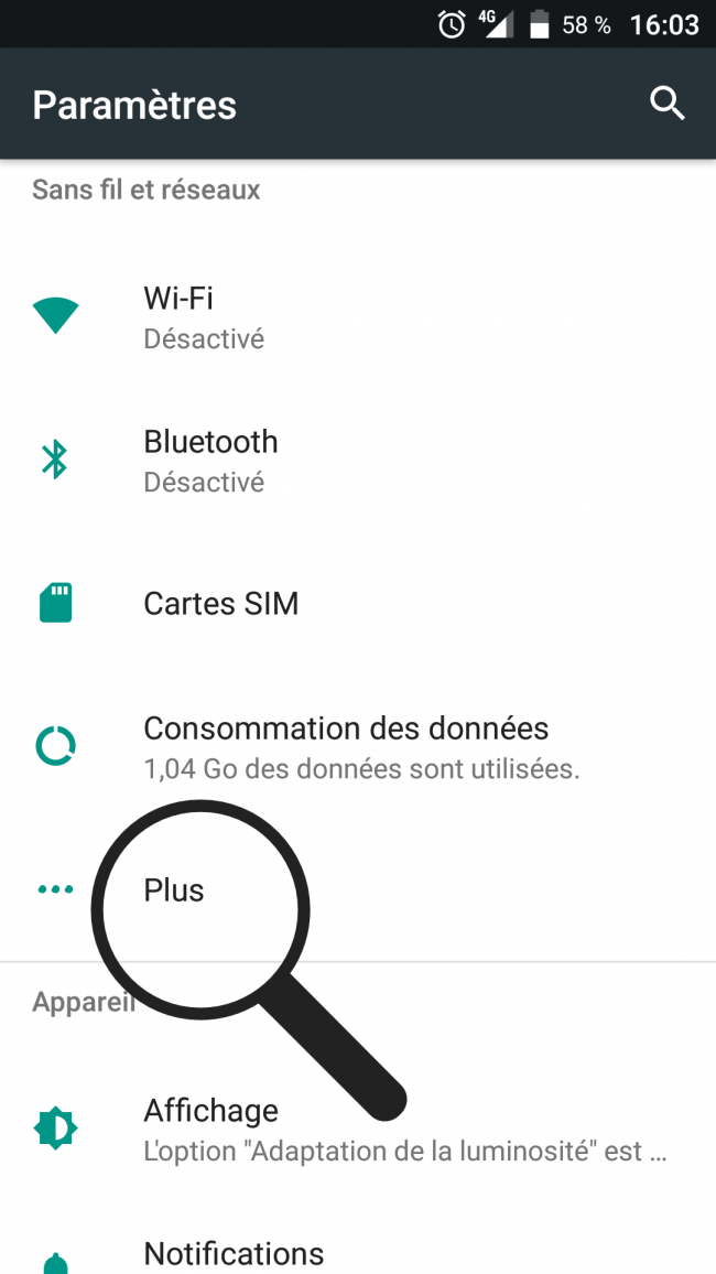 ouvrir le menu sans fil et réseaux