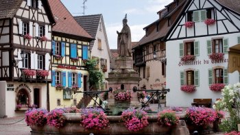 Eguisheim, 1600 habitants, à 12 km. de Colmar, est l'un des plus beaux et typiques villages d'Alsace avec ses maisons à colombages, son tour de ville le long des remparts et son château des Comtes sur la place centrale. La ville est entourée de collines recouvertes de vignes et est surplombée par les Trois-Châteaux qui veillent sur elle. Eguisheim, berceau du vignoble alsacien, s'enroule en cercles concentriques autour du village qui vit naître le Pape Léon IX. A L'intérieur, le long des ruelles pavées, le village, primé au plan national et européen pour la qualité de son fleurissement, dévoile aux regards conquis la beauté de ses demeures des XVI et XVIIème siècle aux toits pointus, aux couleurs vives et façades à colombages. !